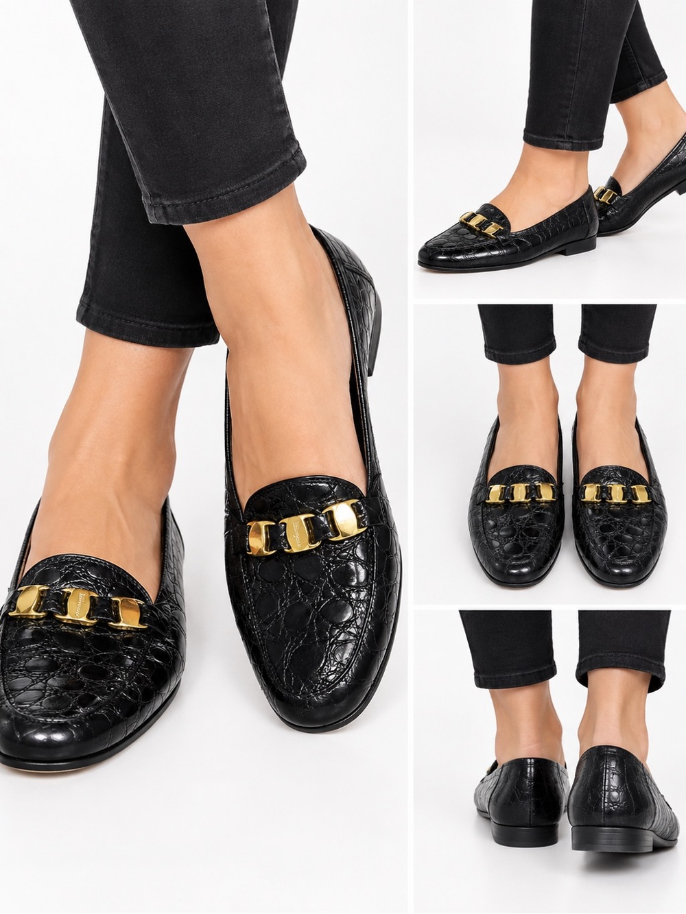 Salvatore Ferragamo Black Croc-Embossed Leather Loafers with Gold Chain Sz 8.5AA